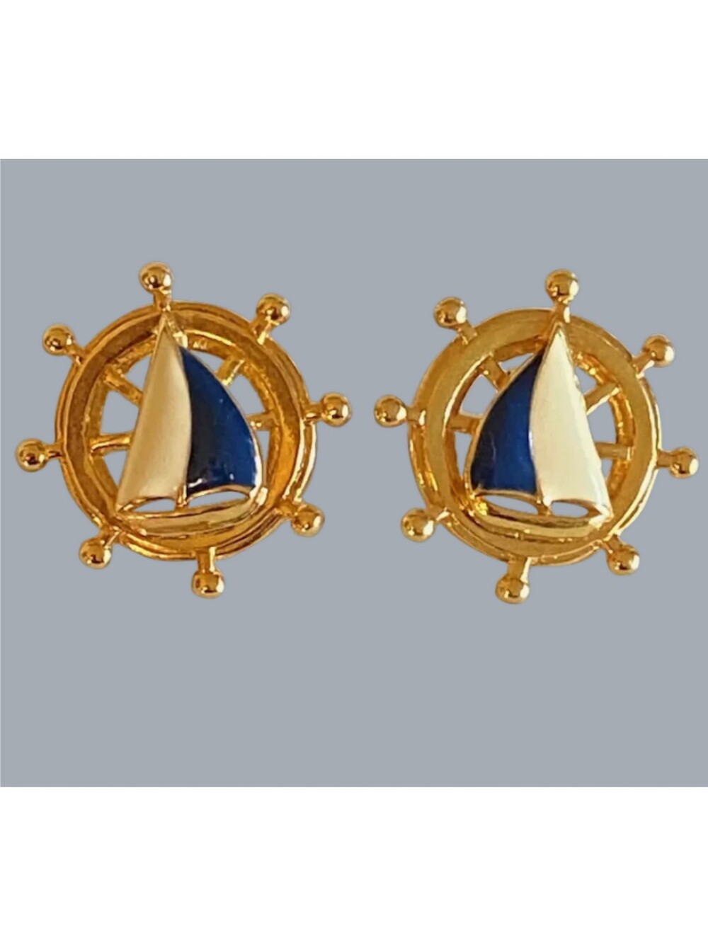 Avon Gold-Tone Nautical Ship Wheel Earrings with Navy and White Sails - Picture 2 of 4